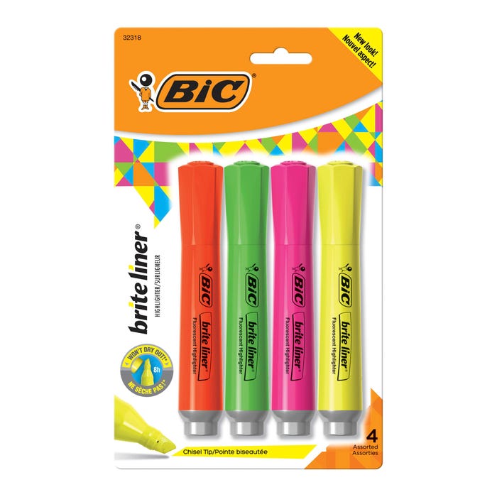 BIC Brite Liner Tank Highlighter, Chisel Tip, Assorted Colors, Pack of 4