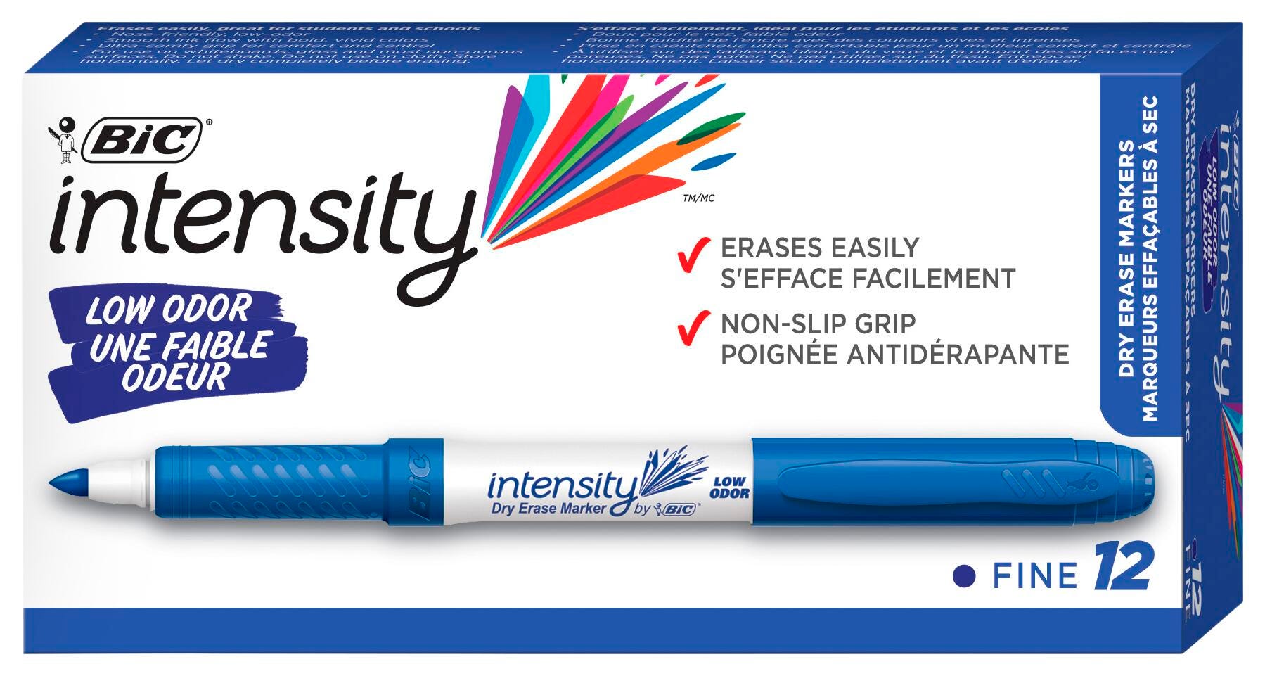 BIC Intensity Low Odor Dry Erase Markers, Fine Tip, Blue, Pack of 12 1329774