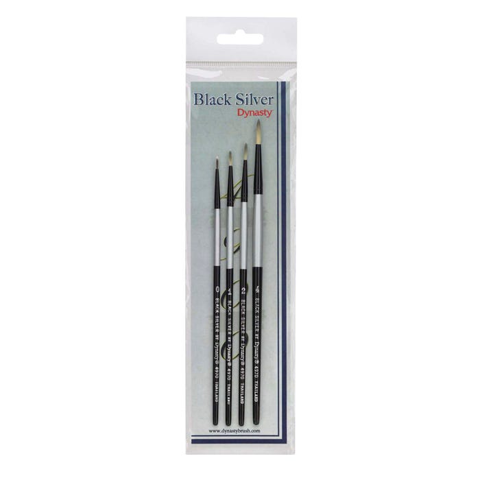 Dynasty Brush Black Silver Brushes, Round Type, Assorted Sizes, Set of 4