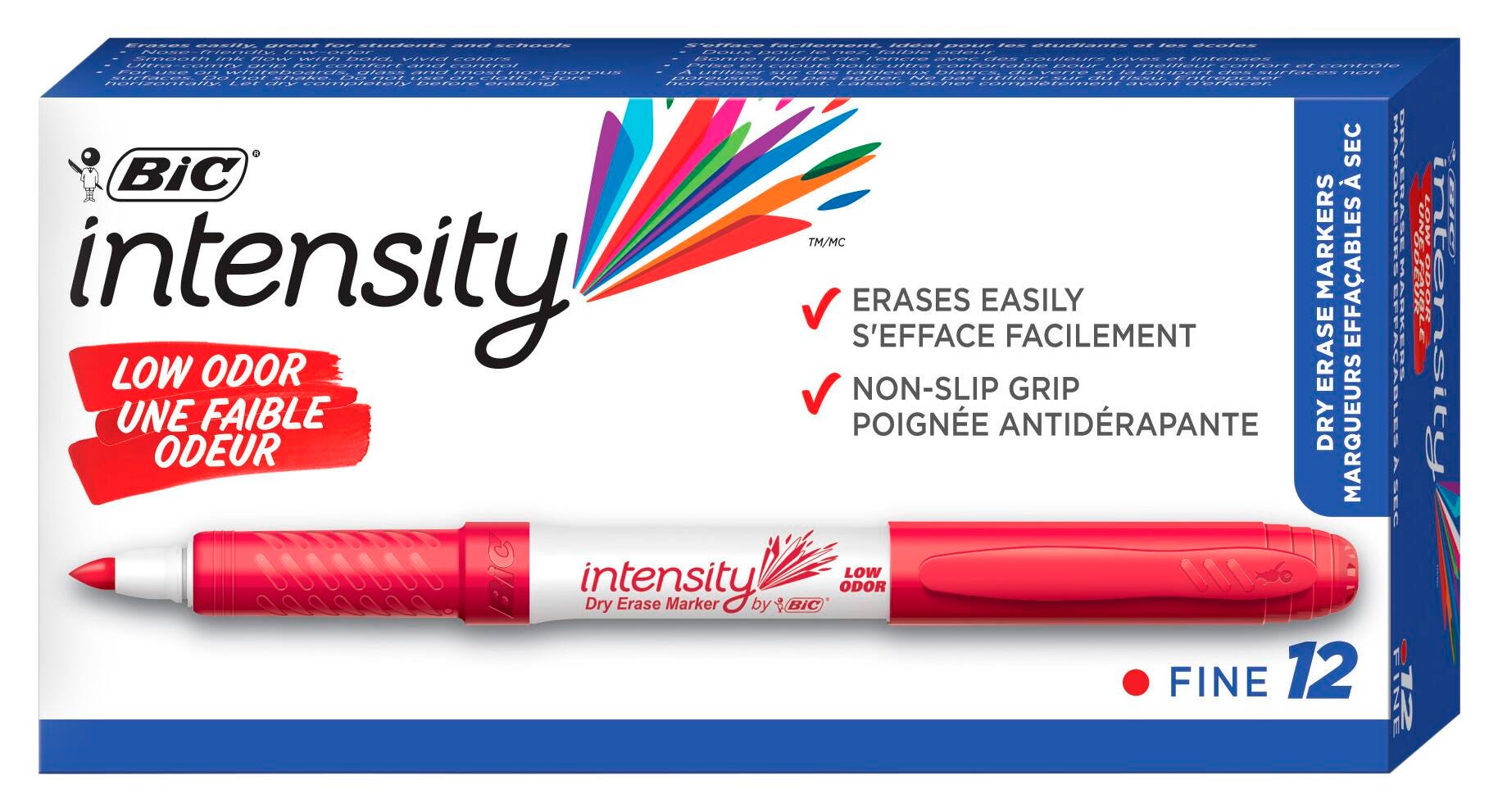 BIC Intensity Low Odor Dry Erase Markers, Fine Tip, Red, Pack of 12 1329776