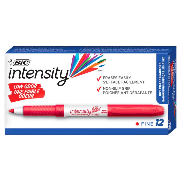 BIC Intensity Low Odor Dry Erase Markers, Fine Tip, Red, Pack of 12