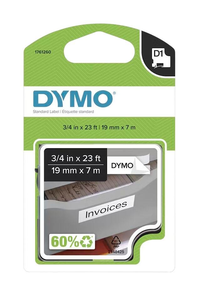 Dymo D1 Electronic Tape Cartridge, 3/4 Inch x 23 Feet, Black on White 1093491