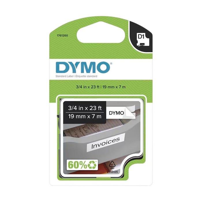 Dymo D1 Electronic Tape Cartridge, 3/4 Inch x 23 Feet, Black on White