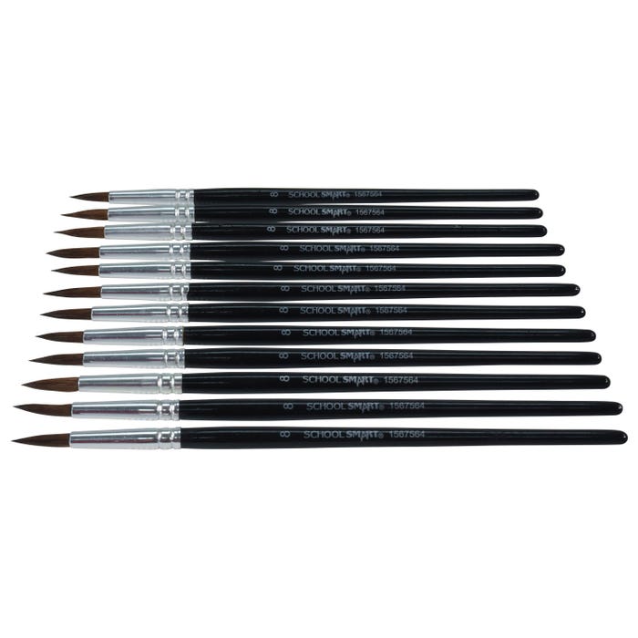 School Smart Watercolor Paint Brushes, Short Handle, Size 8, Set of 12