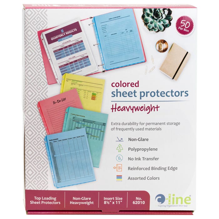 C-Line Poly Sheet Protectors, 8-1/2 x 11 Inches, Assorted Colors, Pack of 50