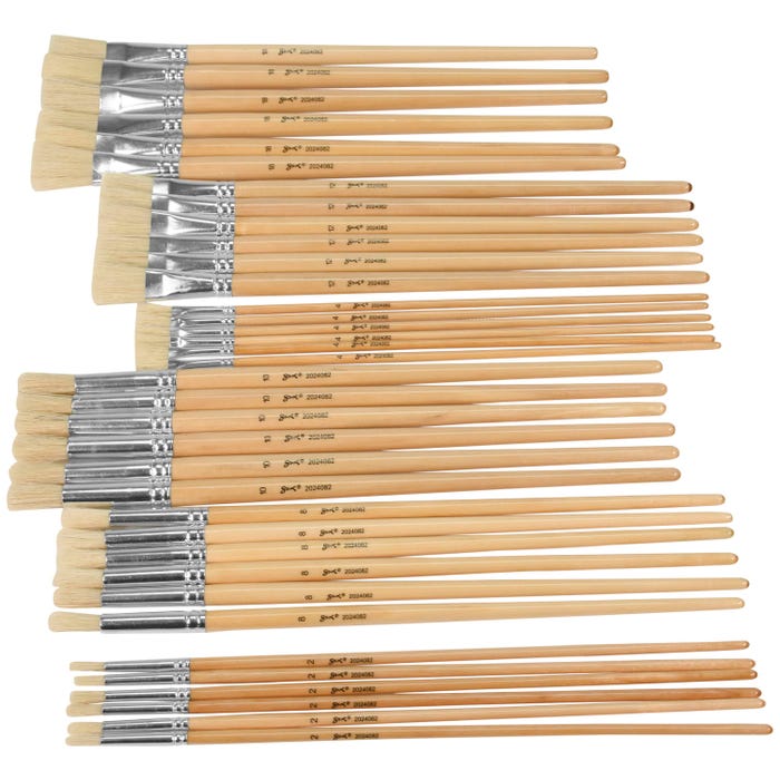 Sax Olympia Interlocked Hog Hair Bristle Paint Brushes, Round & Flat Type, Long Handle, Assorted Sizes, Set of 36