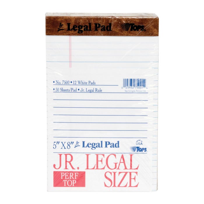 TOPS Legal Pads, 5 x 8 Inches, Narrow Ruled, White, 50 Sheets, Pack of 12
