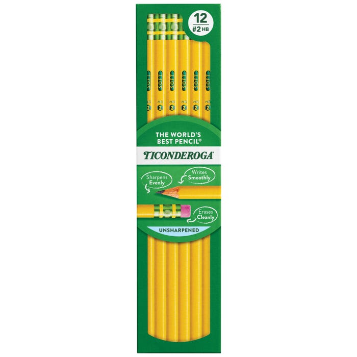 Ticonderoga Classic Wood-Cased Pencils, No 2 HB, Unsharpened, Yellow, Pack of 12