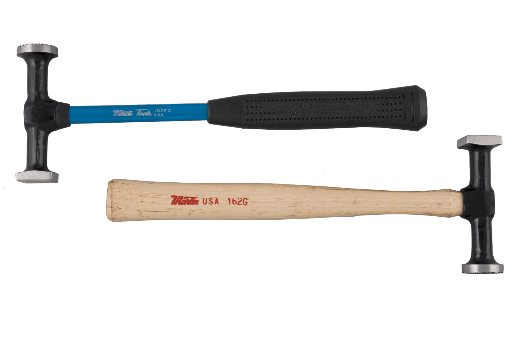 Blue and wooden building hammer toy on white background