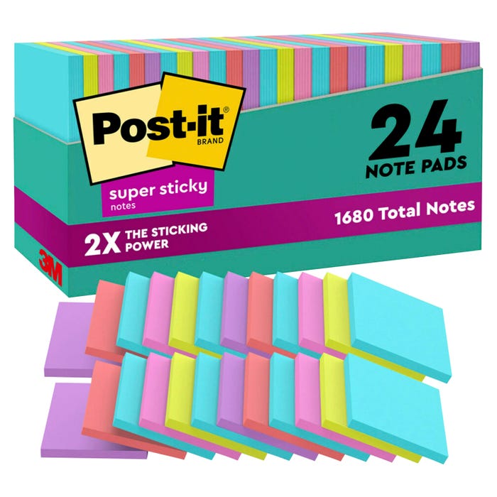 Post-it Super Sticky Notes, 3 x 3 Inches, Supernova Neon Colors, 24 Pads with 70 Sheets