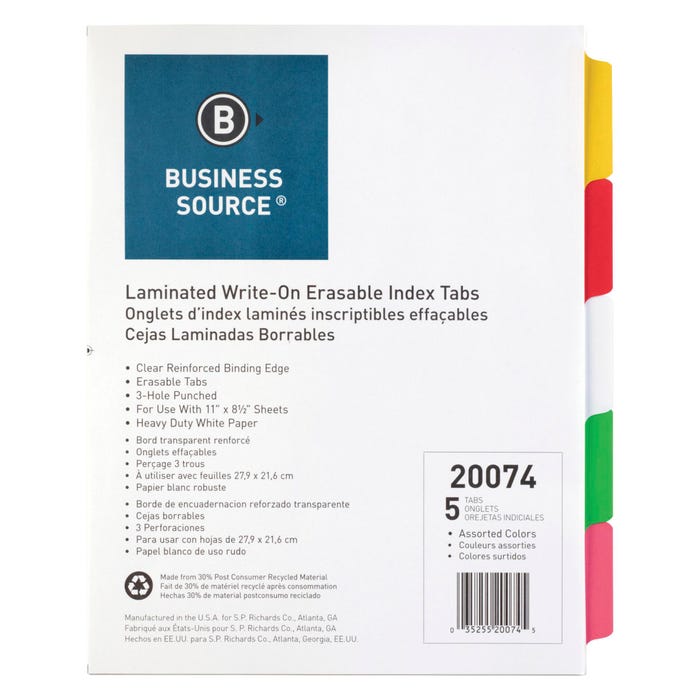 Business Source Write-On Tab Indexes, 5 Tab, Multi-Color