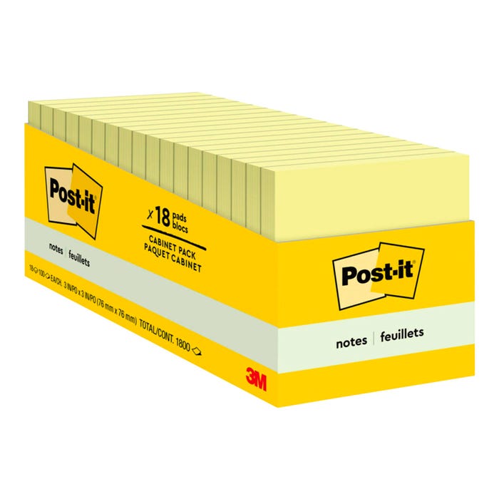 Post-it Original Notes Cabinet Pack, 3 x 3 Inches, Canary Yellow, Pad of 100 Sheets, Pack of 18