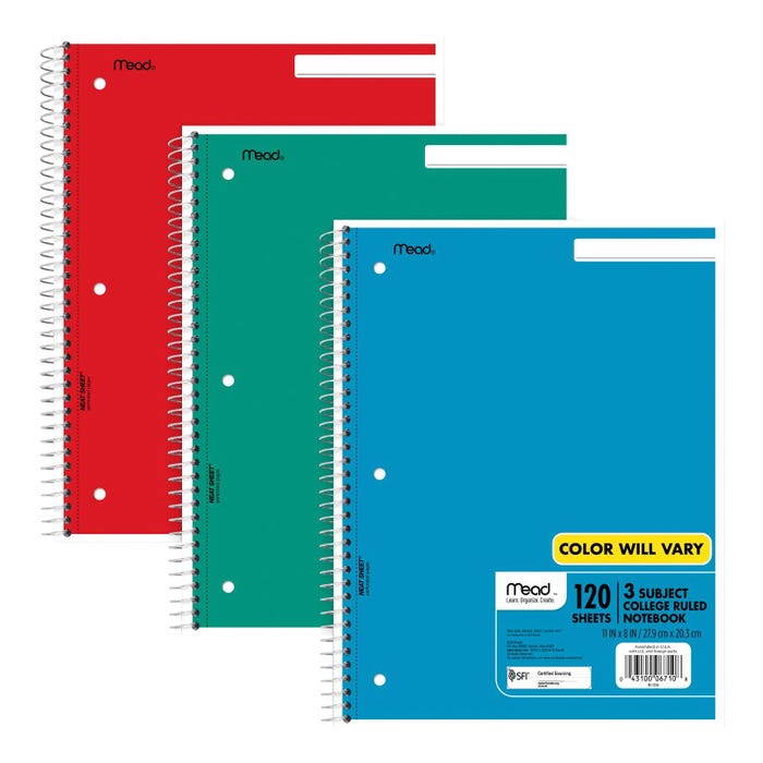 Mead 3 Subject Wirebound College Ruled Notebook, 120 Sheets, 8-1/2 x 11 Inches, Colors May Vary