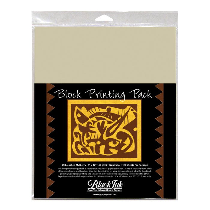 Black Ink Block Printing Paper Pack, 9 x 12 Inches, Unbleached Mulberry, 25 Sheets