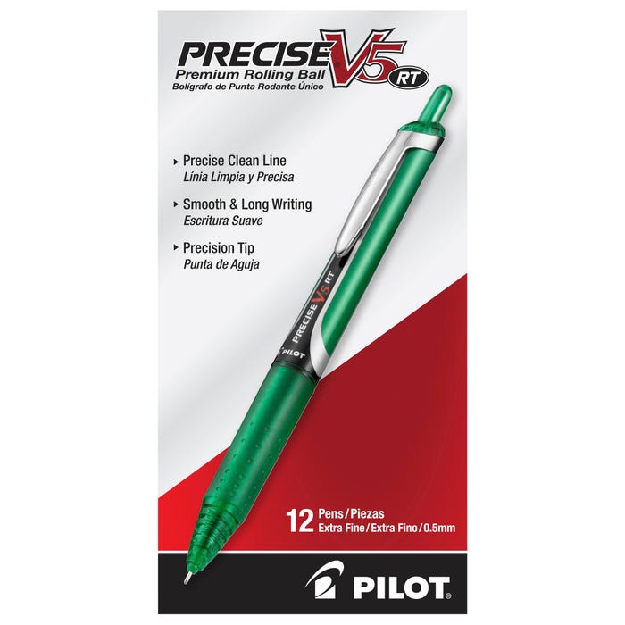 Pilot Precise V5 RT Premium Retractable Rolling Ball Pens, Extra Fine Point, Green Ink, Pack of 12