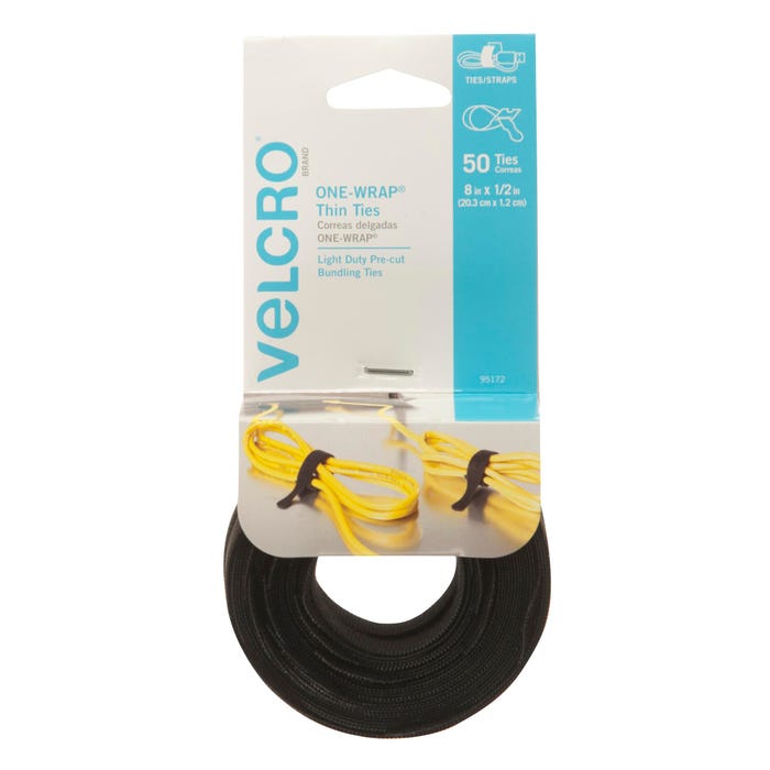 VELCRO Brand ONE-WRAP Thin Ties, 1/2 x 8 Inches, Black, Pack of 50