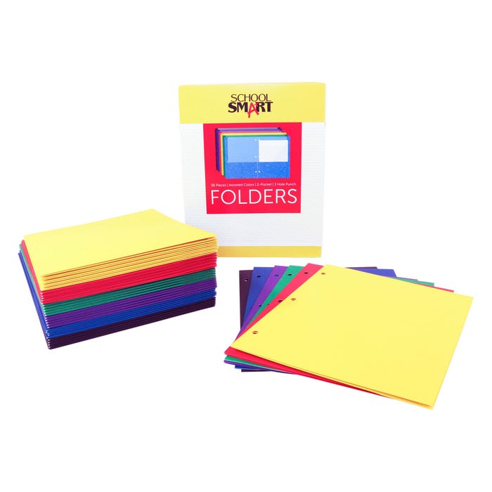 School Smart 2-Pocket Folders, Letter Size, 3 Hole Punched, Assorted Colors, Pack of 36