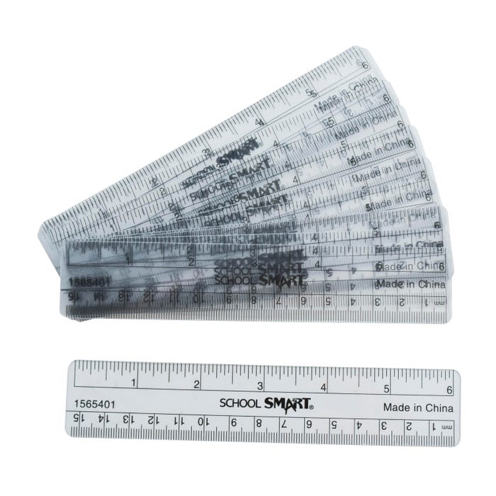 School Smart Flexible Plastic Ruler, Inches and Metric, 6 Inch Size, Clear, Pack of 12