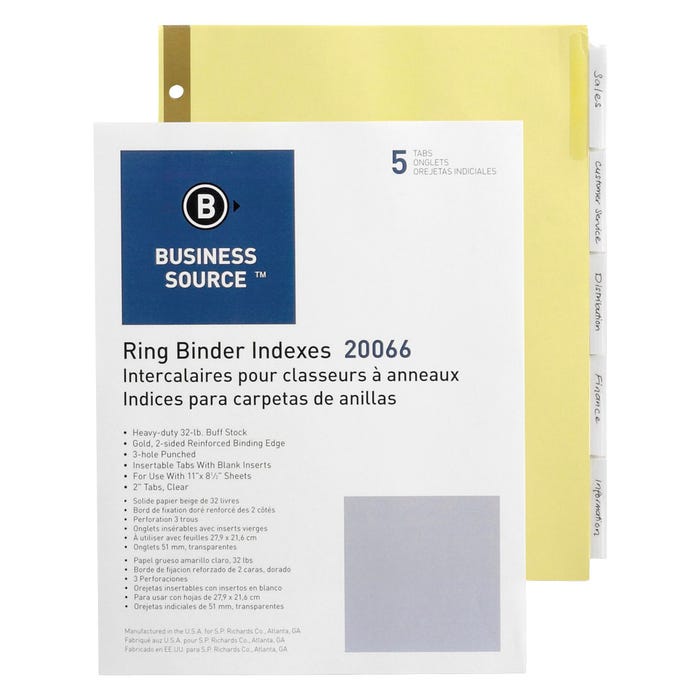 Business Source Insertable Tab Indexes, 5 Tab, Buff Paper, Clear Tabs
