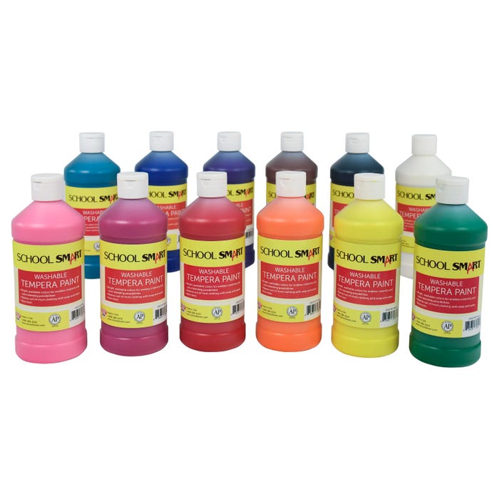 School Smart Washable Tempera Paints, Assorted Colors, Pint Set of 12