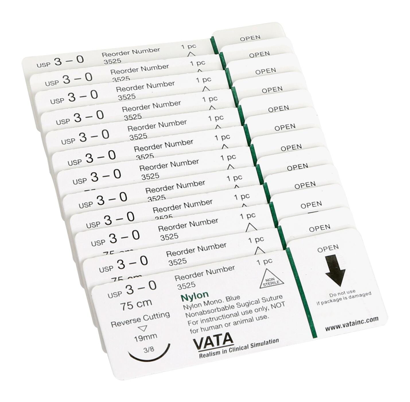 VATA, Inc. Nylon Sutures, USP 3-0, Pack of 12