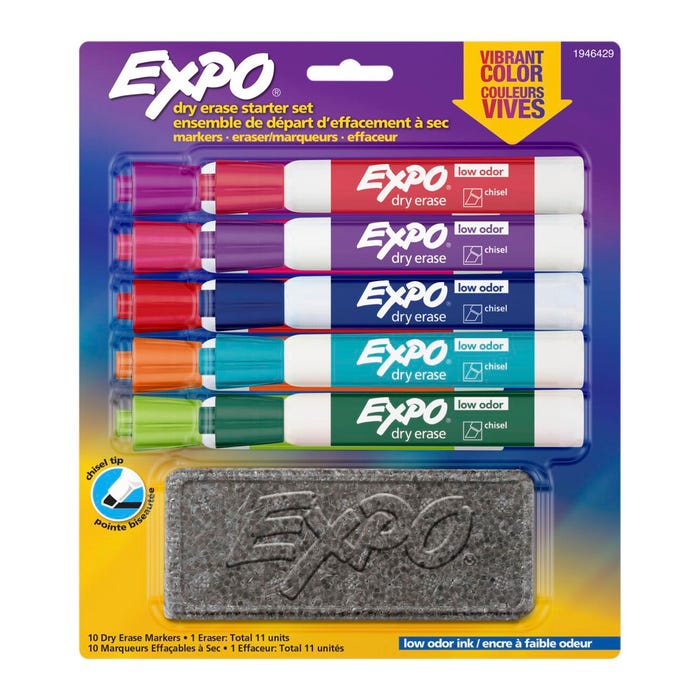 EXPO Low Odor Dry Erase Starter Kit, Chisel Tip, Assorted Vibrant Colors, Set of 10