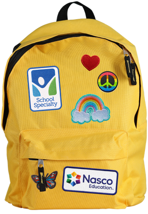 Backpack with School Specialty and Nasco Education logo patches on it