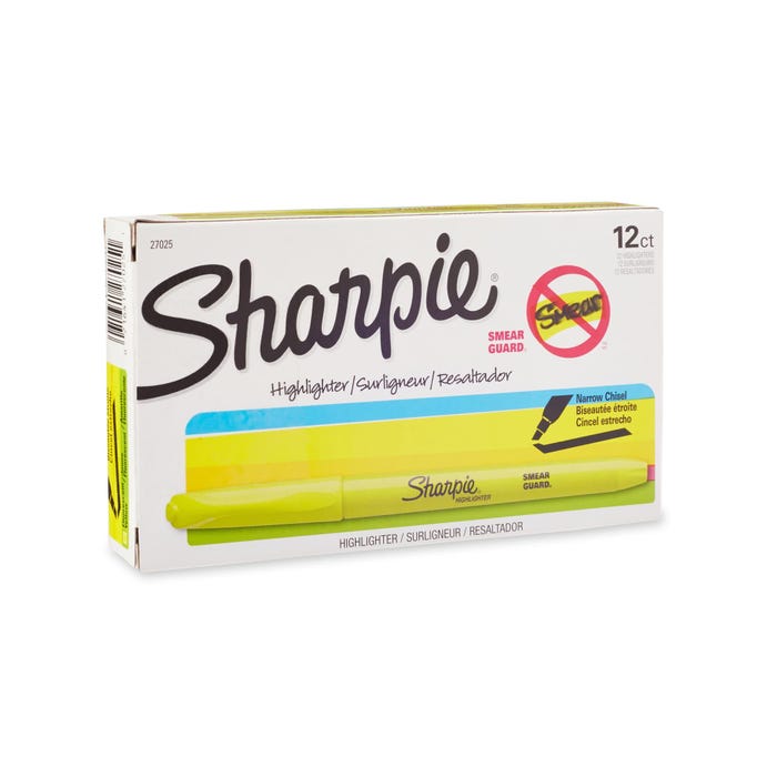 Sharpie Accent Highlighter, Narrow Chisel Tip, Fluorescent Yellow, Pack of 12