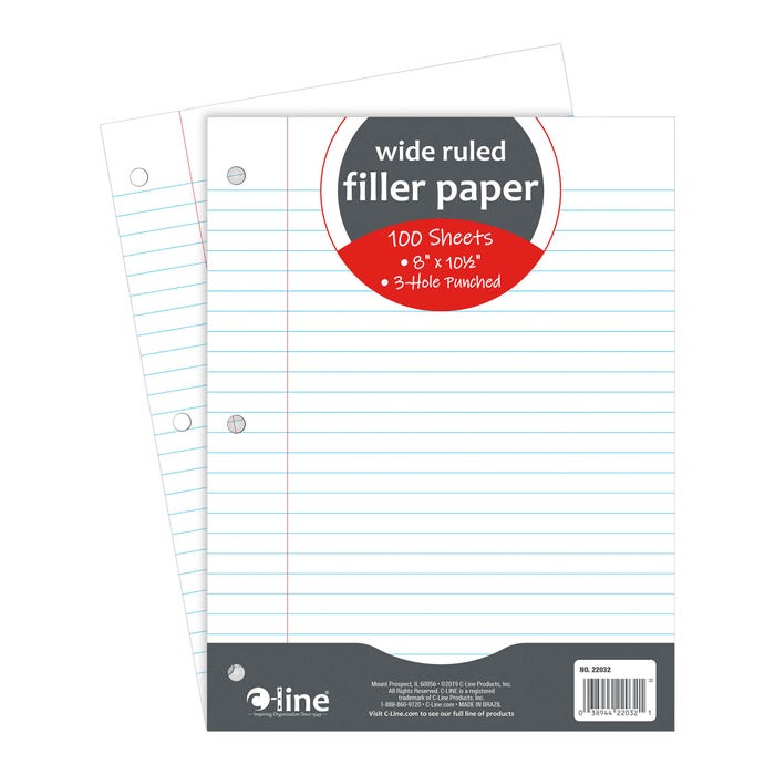 C-Line 3-Hole Punched Filler Paper, 8 x 10-1/2 Inches, Wide Ruled, 100 Sheets