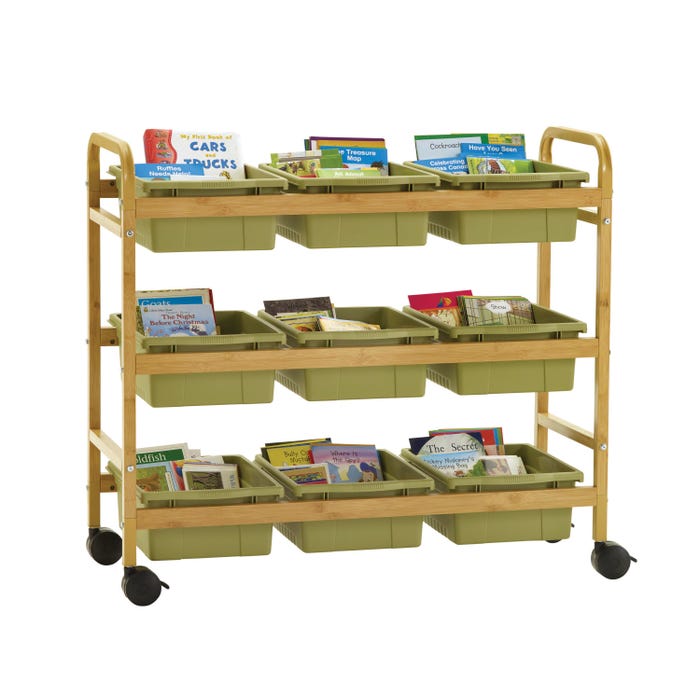 Copernicus Bamboo Book Browser Cart with Sage Tubs, 41 x 16 x 37-1/2 Inches