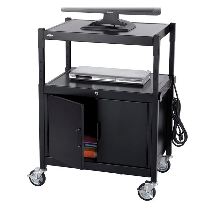 Safco Adjustable AV Cart with Cabinet, 26-3/4 in W X 20-1/2 in D X 26 - 42 in H, Steel, Black, 4 Wheel