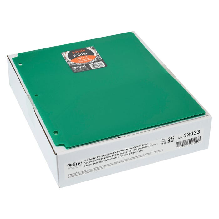 C-Line 2-Pocket Poly Folder, 3 Hole Punched, Green, Pack of 25