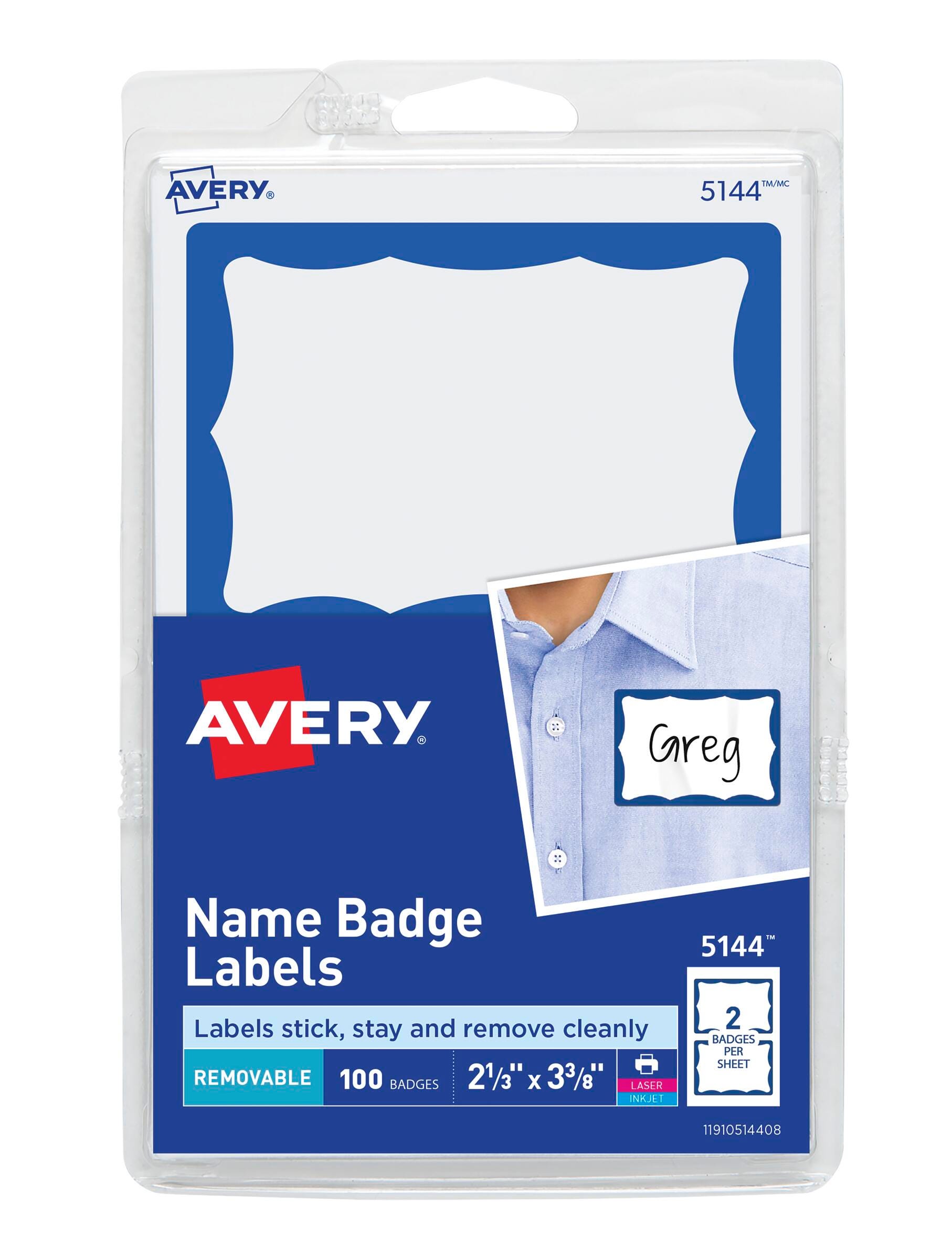 Avery Adhesive Name Badges, 2-1/3 x 3-3/8 Inches, Blue Border, Pack of 100 023506