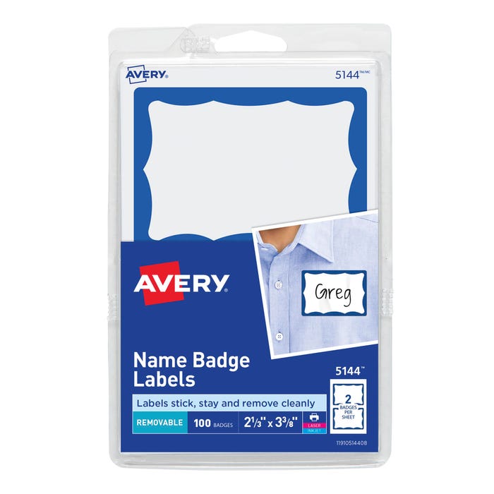 Avery Adhesive Name Badges, 2-1/3 x 3-3/8 Inches, Blue Border, Pack of 100