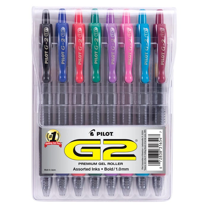 Pilot G2 Premium Retractable Gel Ink Rolling Ball Pen, Bold Point, Assorted Ink, Set of 8