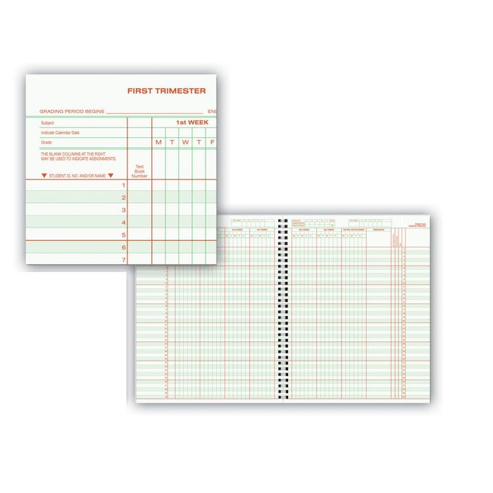 Hammond & Stephens 0612 H Class Record Book - Hardcover, 8-1/2 x 11 Inches, 40 Students, 8 Subjects, 12/14 Week, Green/Red