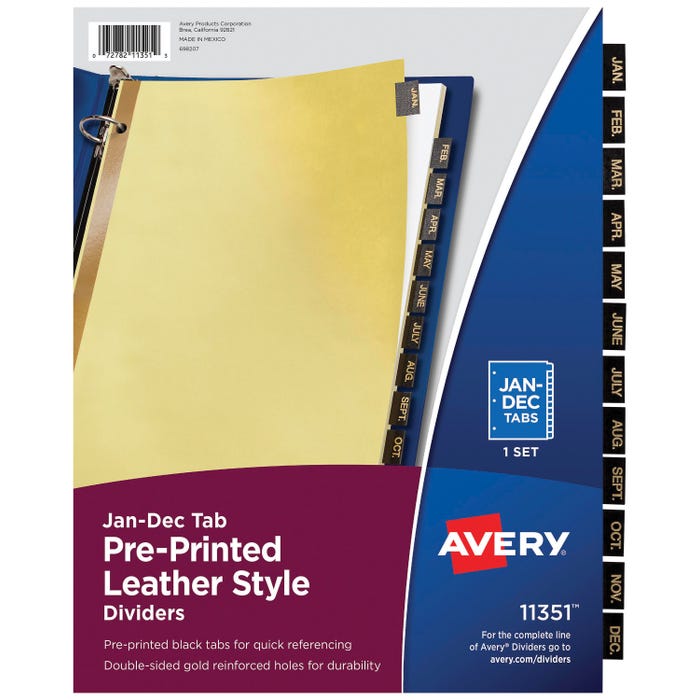 Avery 11351 Black Leather Preprinted Tab Dividers, Jan to Dec, 8-1/2 x 11 Inches