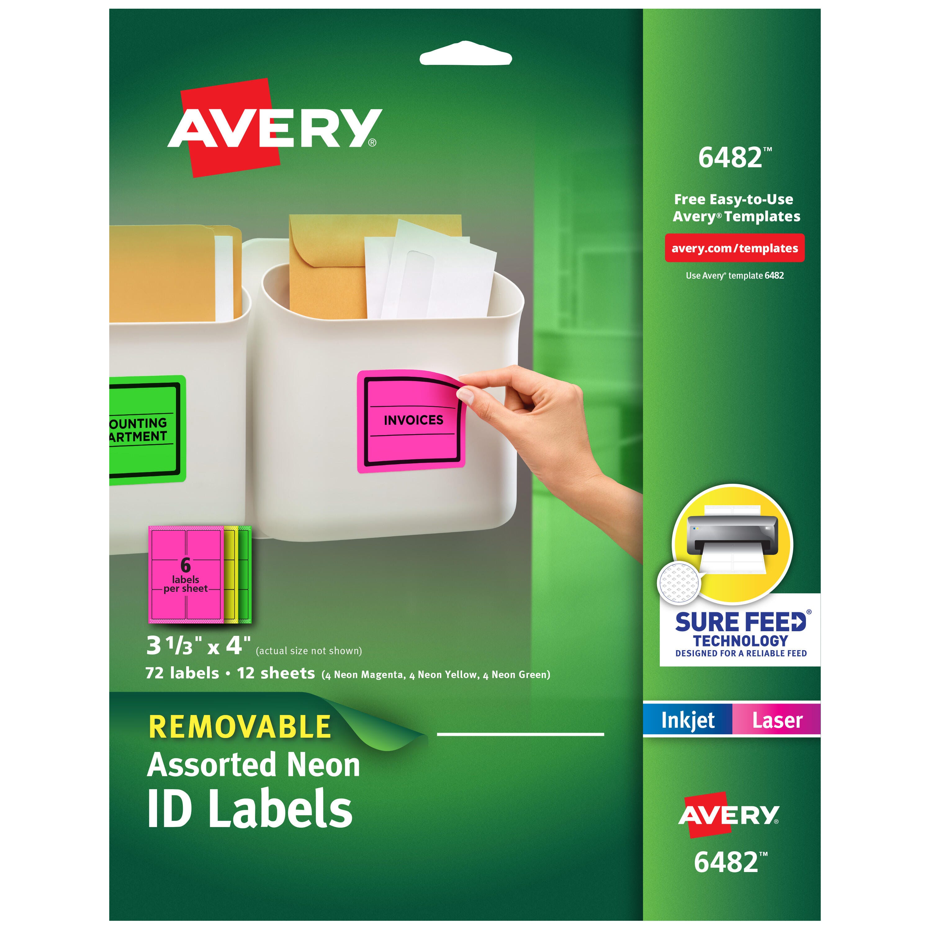 Avery Removable Labels, 3-1/3 x 4 Inches, Assorted Neon, Pack of 72 1404696