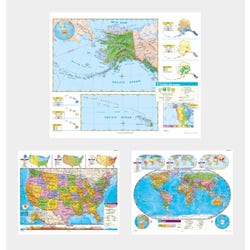 Social Studies ALASKA/HAWAII/U.S./WORLD MAP COMBO, Markable, Erasable, Grades 4-12, Item Number 1566293