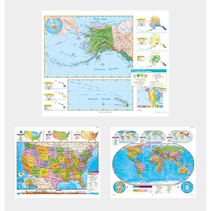 Social Studies ALASKA/HAWAII/U.S./WORLD MAP COMBO, Markable, Erasable, Grades 4-12