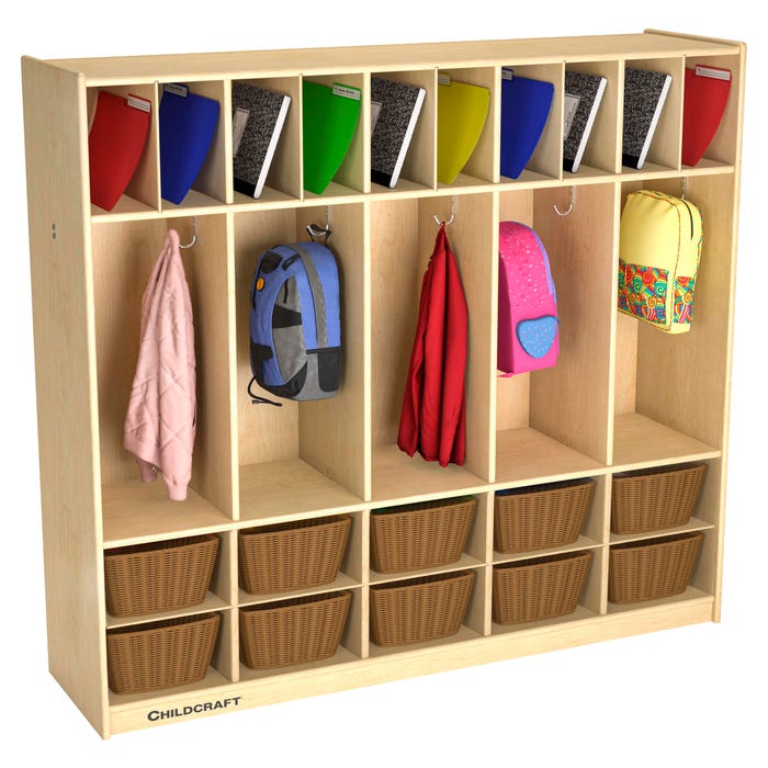 Childcraft Double-Bin Coat Locker with 10 Wicker Baskets, 53-3/4 x 14-1/4 x 48 Inches