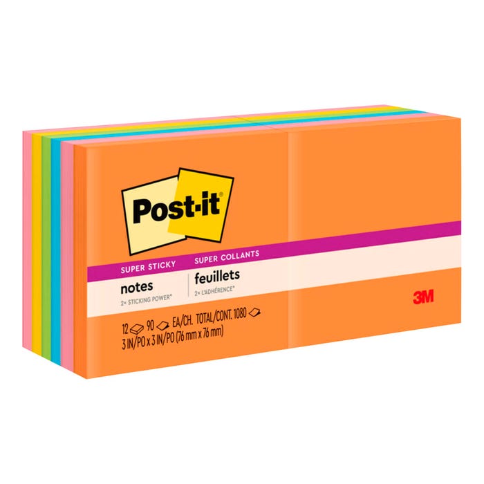 Post-it Super Sticky Plain Notes, 3 x 3 Inches, Energy Boost Colors, Pack of 12