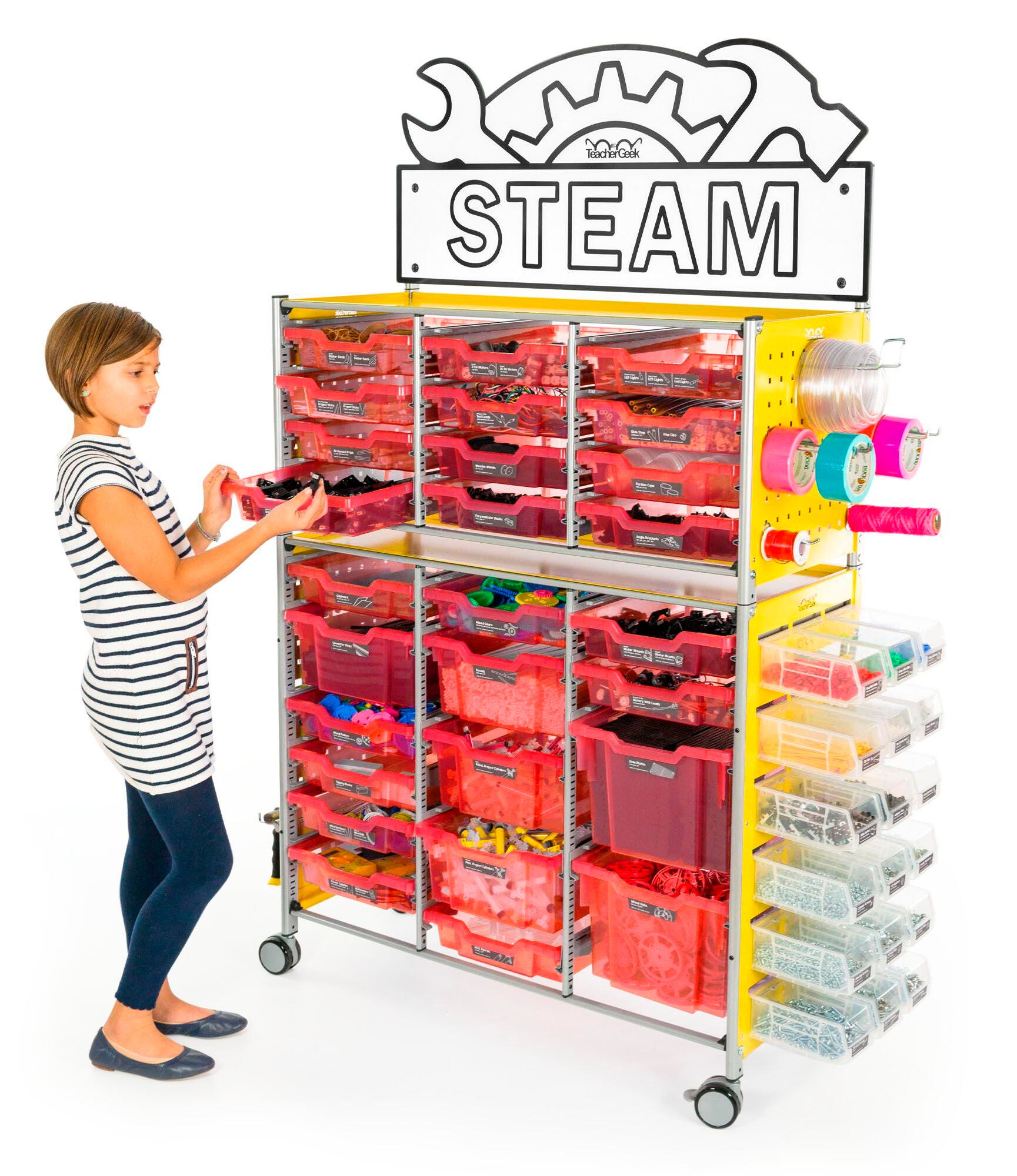 TeacherGeek Ultimate STEAM Maker Activity Cart, Strawberry with STEAM Sign, Item Number 2021426
