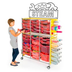 TeacherGeek Ultimate STEAM Maker Activity Cart, Strawberry with STEAM Sign, Item Number 2021426