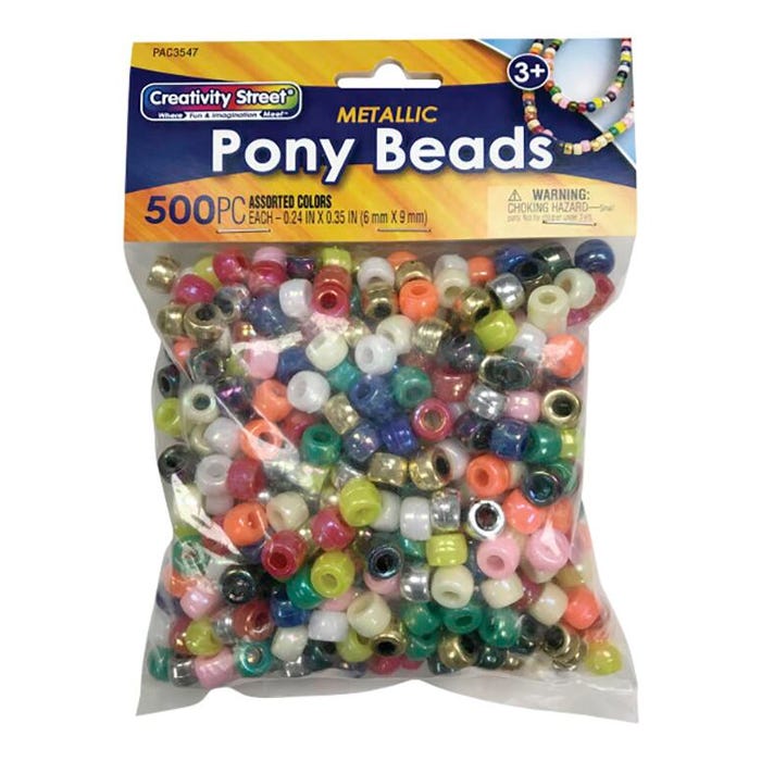 Creativity Street Plastic Pony Beads, 6 x 9 mm, Assorted Metallic, Pack of 500