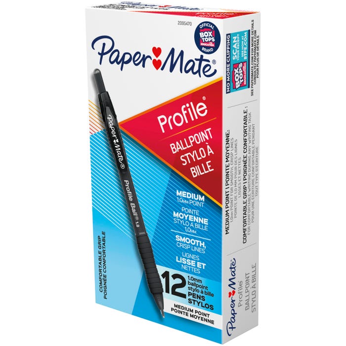 Paper Mate Profile Retractable Ballpoint Pens, Medium Point, 1.0 mm, Black, Pack of 12