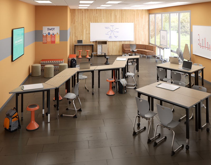 Grey and purple modern collaborative learning environment with pod seating, stools, and a tv.