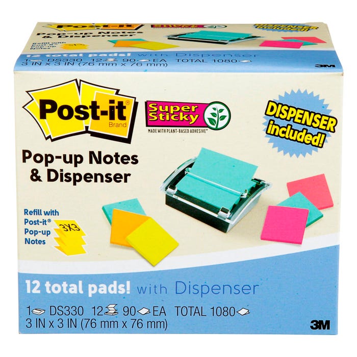 Post-it Pop-Up Super Sticky Notes Dispenser Value Pack, 3 x 3 Inches, Assorted Colors, 12 Pads of 90 Sheets
