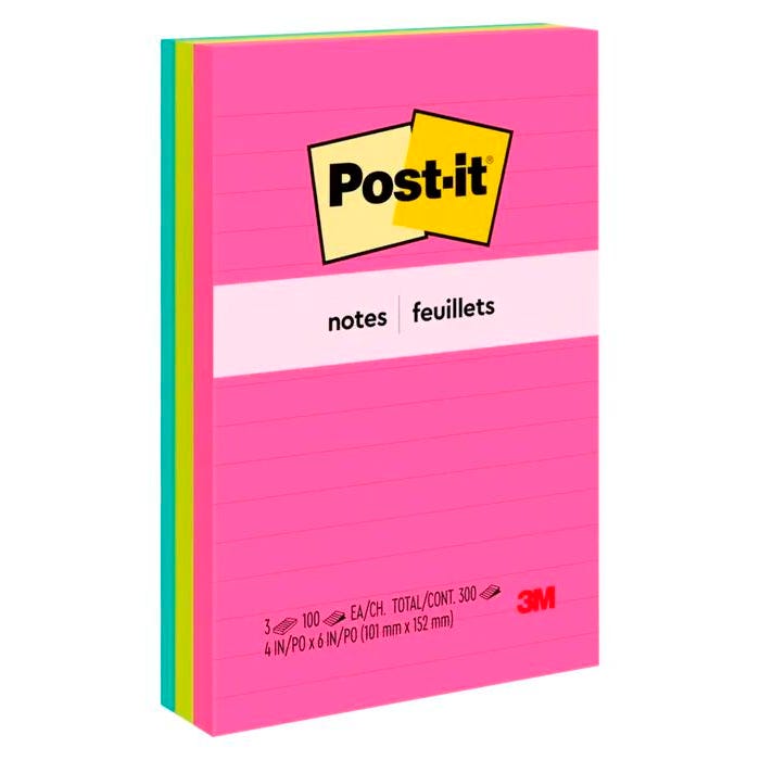 Post-it Lined Original Notes, 4 x 6 Inches, Capetown Colors, Pad of 100 Sheets, Pack of 3