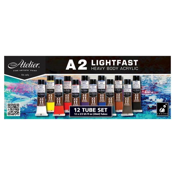 Chroma A2 Lightfast Heavy Body Acrylic Paint, 0.67 Ounces, Assorted Colors, Set of 12